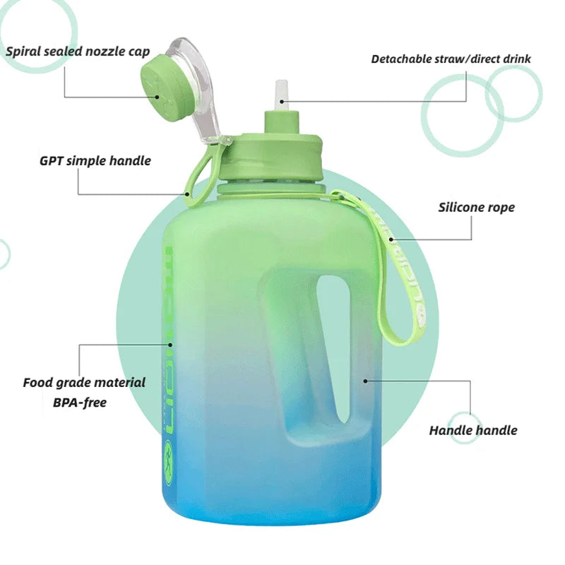 2.2L Large Capacity Sports Water Bottle Outdoor Fitness Kettle Gradient Plastic Water Cup Students Portable Big Ton Ton Barrel